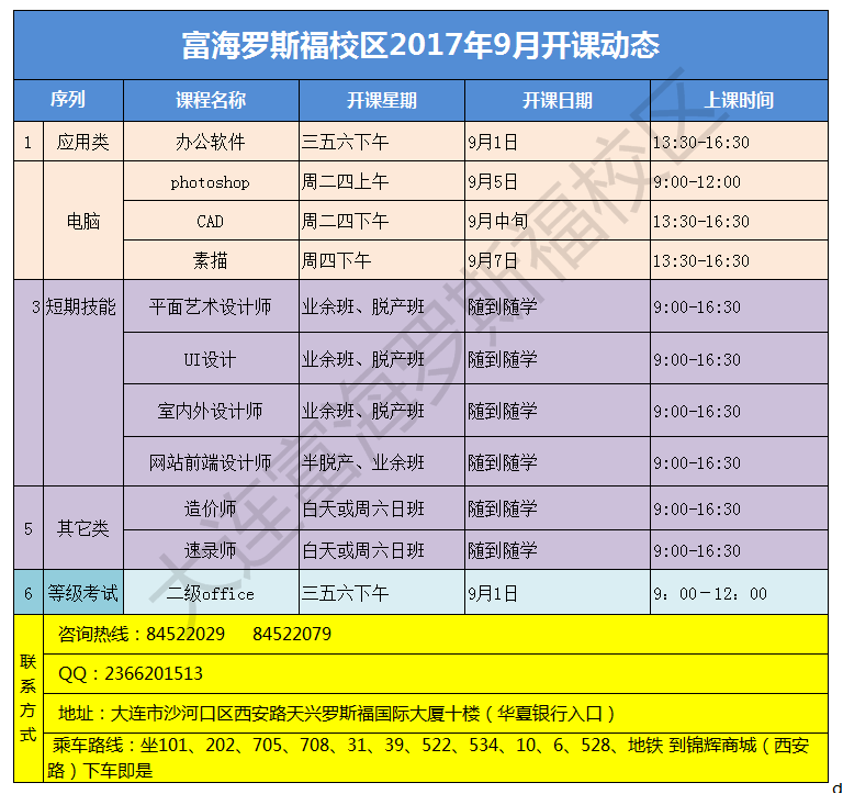大连富海学校罗斯福校区9月份电脑课程开课动态课表