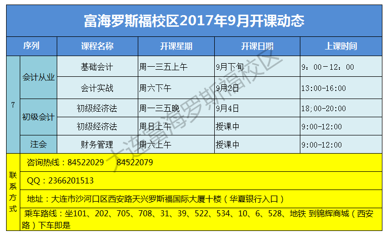 大连富海学校罗斯福校区9月份会计课表,会计课程开课动态