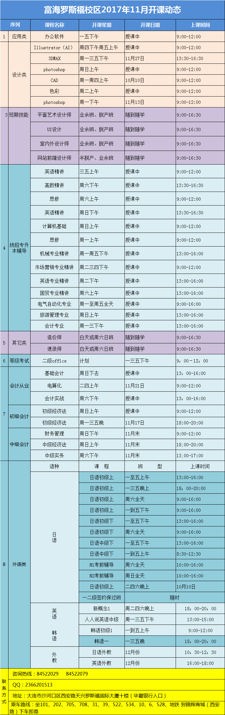 大连富海学校罗斯福校区11月份课表